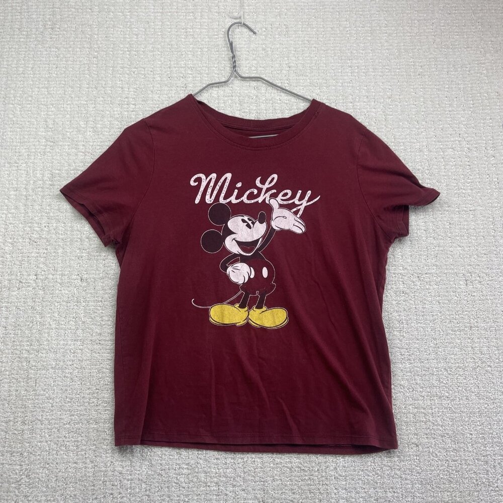 Retro Disney Mickey Mouse Burgundy Red T shirt Women's Sz L Casual Short Sleeve